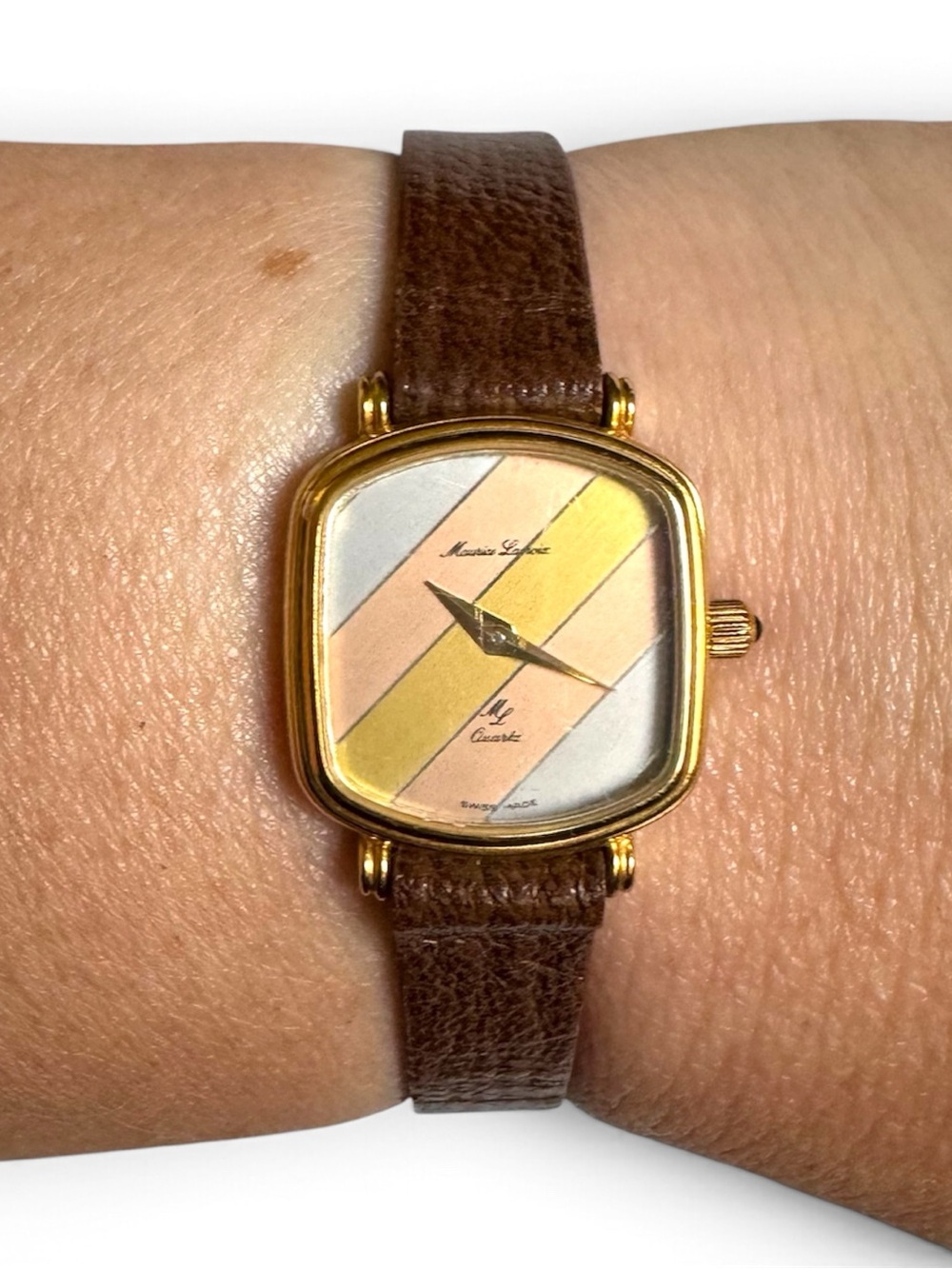 Vtg Maurice Lacroix 18K Gold Plated Stripe Dial Swiss Quartz Watch NEEDS BATTERY